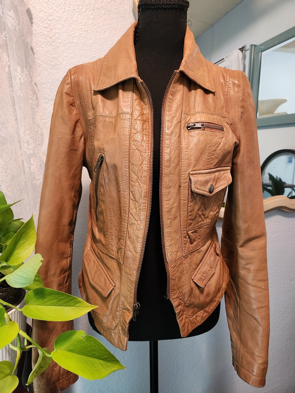 Black Rivet Women's Tan Leather Zip Jacket